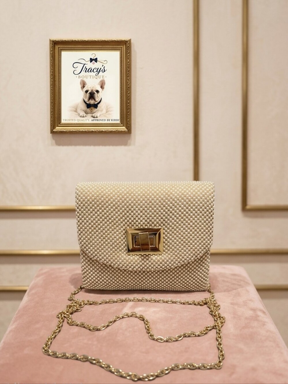 La Regale Ivory Pearl Beaded Crossbody Clutch Evening Bag Gold Chain